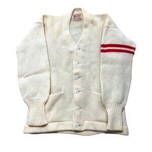 Knitting Masters Vintage 1950s Princeton Wool Cardigan Sweater W/ Red Stripes